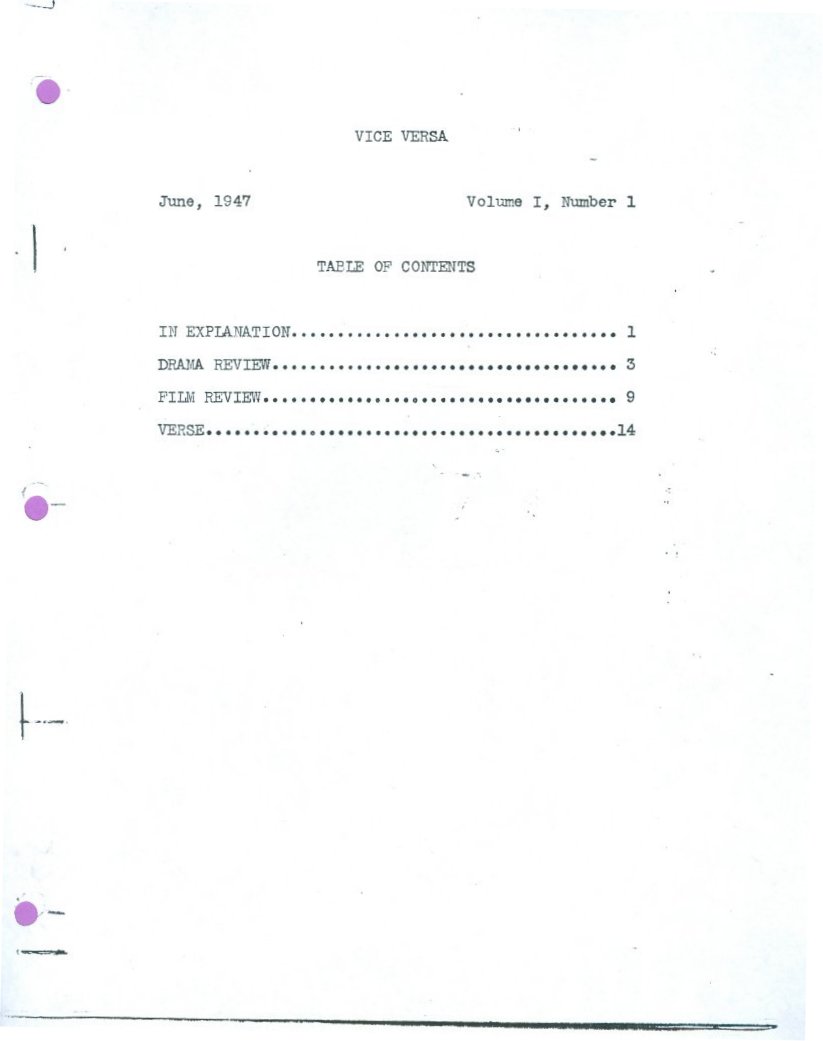 Table of Contents from Number 1 of Vice Versa